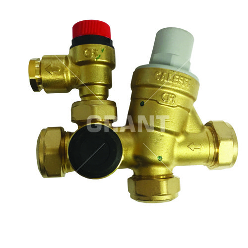 Pressure reducing inlet manifold (22mm) c/w 3 bar PRV and 6 bar expansion relief valve