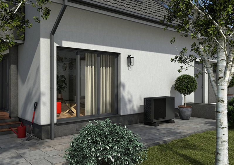 Aerona 290 air source heat pump outside home installed